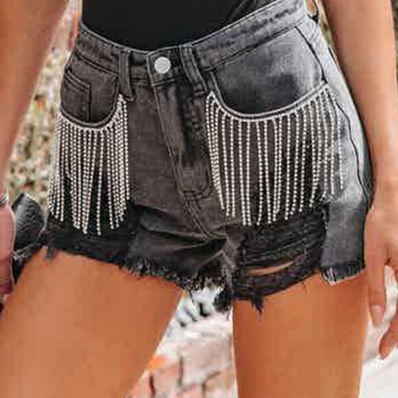Black Distressed Frayed Detail Fringe Rhinestone Denim Shorts - Picture 8 of 11